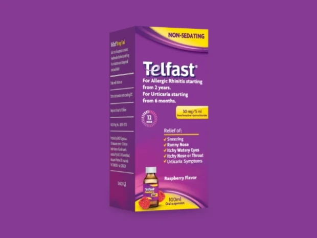 Front of Children's Telfast 12 Hour raspberry cream flavor suspension Bottle.1