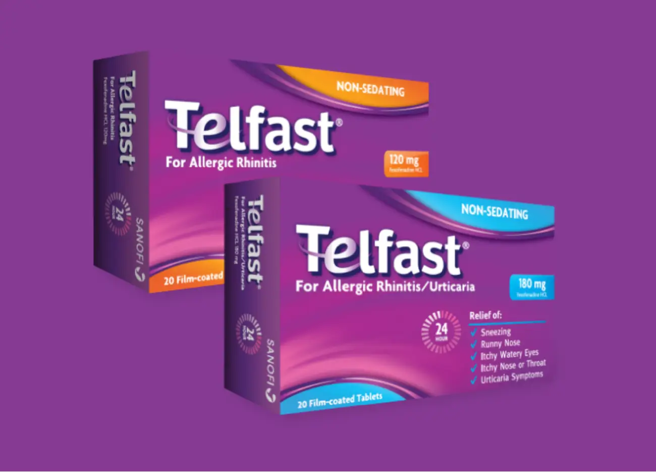 Product shots of Telfast® 24 Hour 120 & 180 mg Allergy